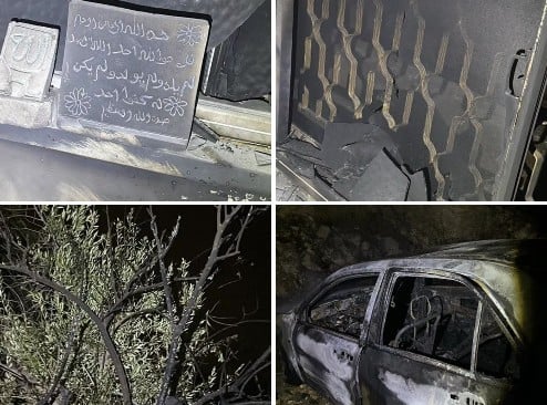 مستوطنون يحرقون مسجداً ومركبة في قرية مخماس شمال شرق القدس المحتلة
